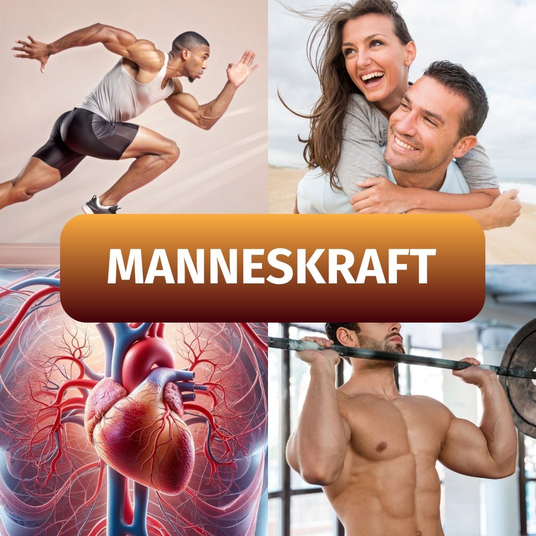 Collage: Läufer, lachendes Paar, Herz, Gewichtheber. Text: Mannes Kraft.