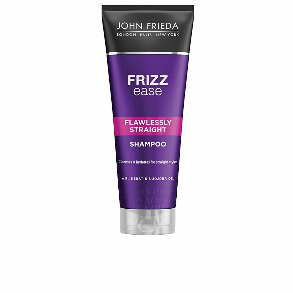 Violette Tube mit schwarzem Deckel. Schriftzug: John Frieda, Frizz Ease, Flawlessly Straight Shampoo. Enthält Keratin & Jojobaöl.