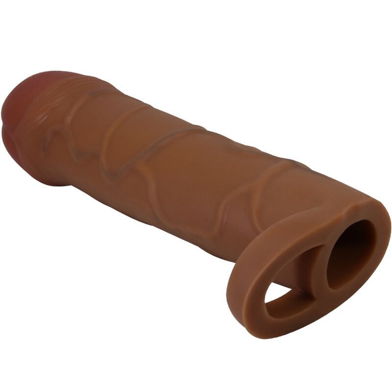 Penis-Sleeve aus braunem Material. Mit Ring und strukturierter Oberfläche. Spitze und Ring in dunklerem Braun.