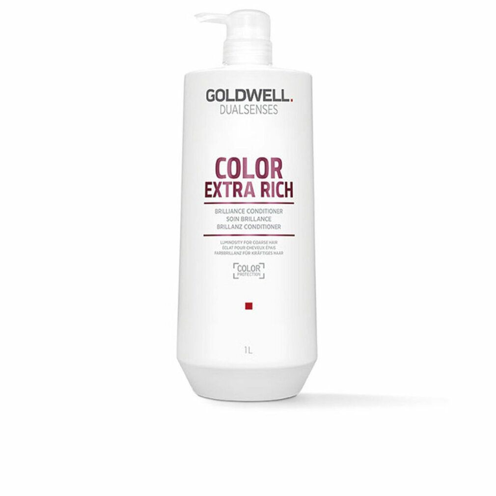 Goldwell Dual Senses Color ExtraRich Conditioner. Weiße Flasche mit Pumpe. Rosa Schriftzug 'COLOR EXTRA RICH'. 'Brilliance Conditioner' darunter. 1L.