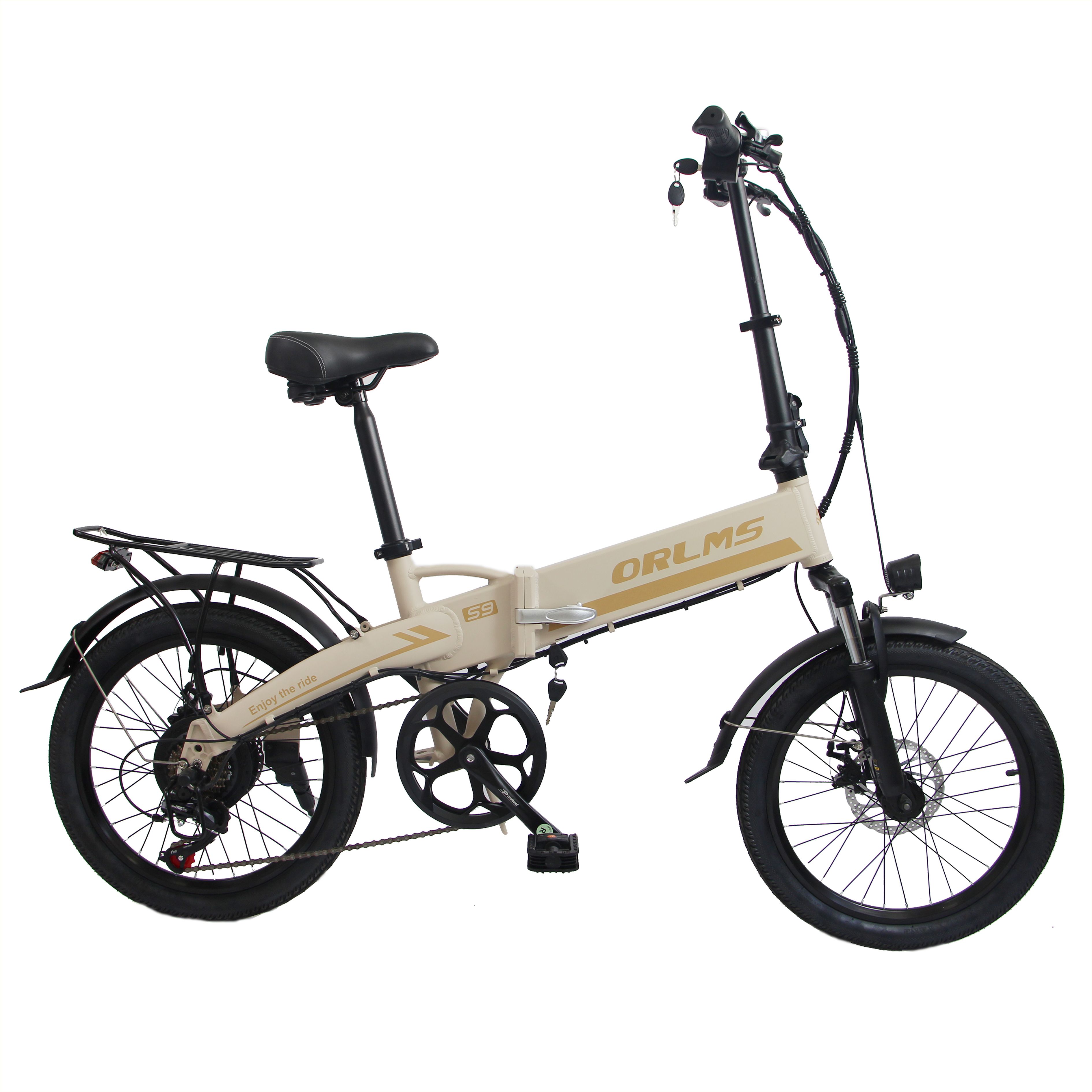 Beige-schwarzes, faltbares E-Bike. ORLMS S9 Schriftzug. Gepäckträger, Schutzbleche, Sattel. 20-Zoll-Räder. Seitenansicht.