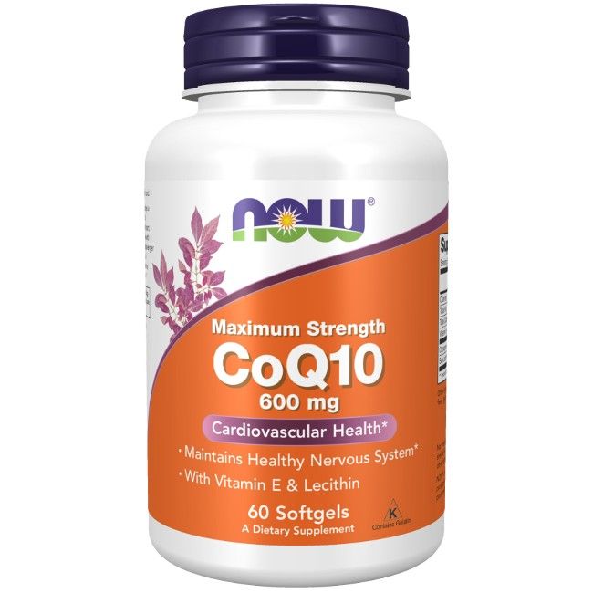 Weichkapseln-Dose mit Etikett. Enthält CoQ10 600 mg. Marke: NOW. 60 Softgels.