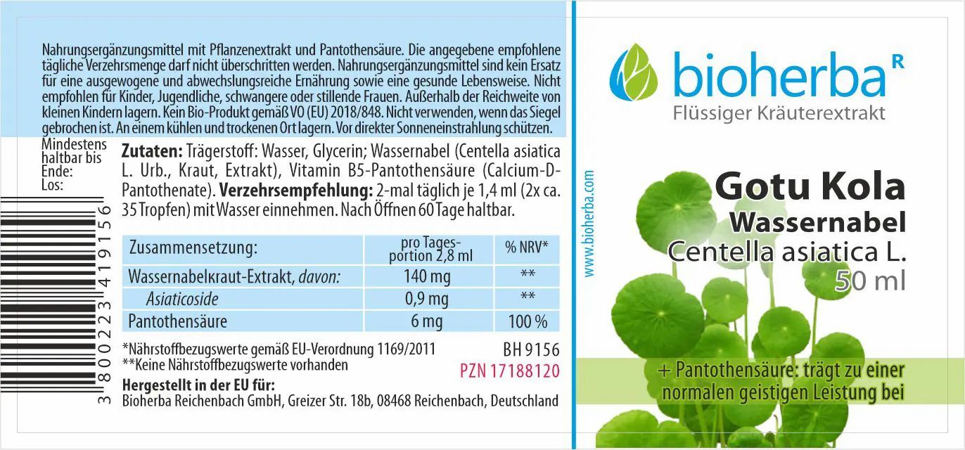 Etikett mit "bioherba" und "Gotu Kola Wassernabel". Enthält Informationen zu Inhaltsstoffen und Dosierung. 50 ml.