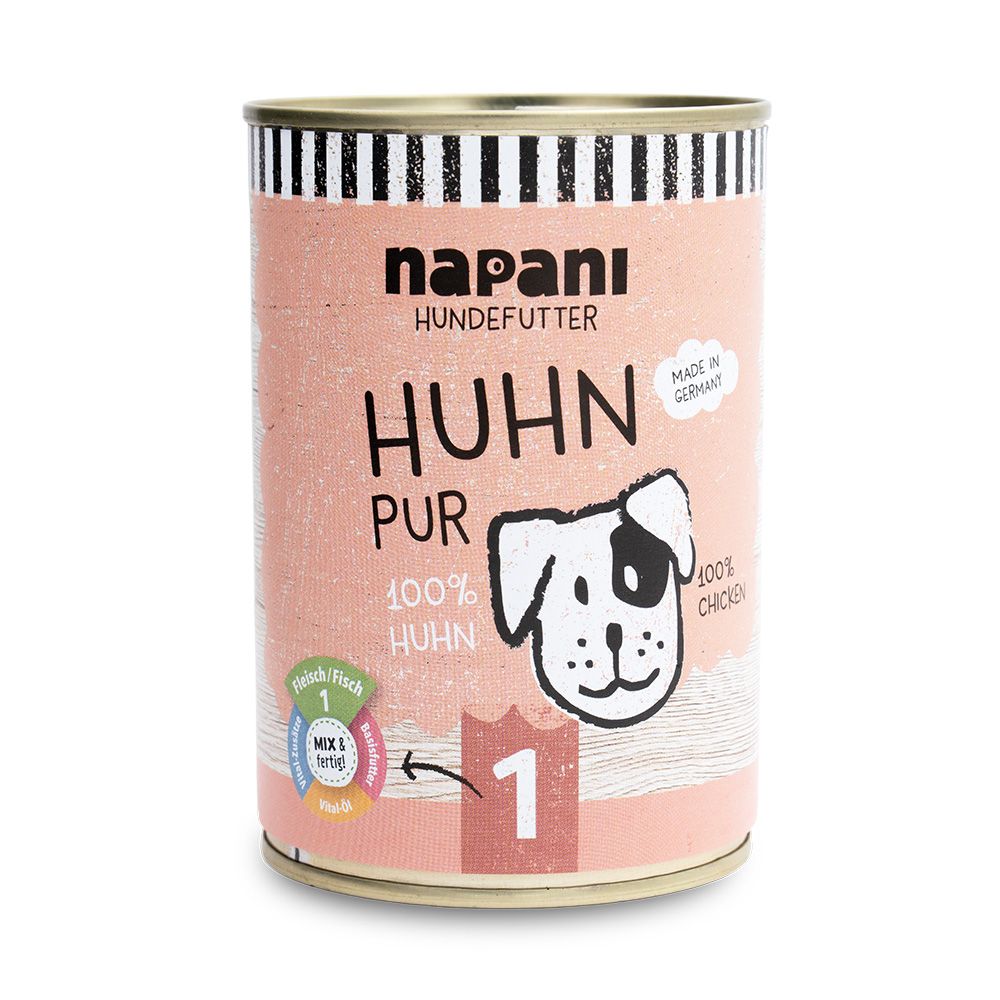 Hundefutterdose mit Aufschrift 'napani HUNDEFUTTER HUHN PUR'. Illustration eines Hundes. 'Made in Germany'.