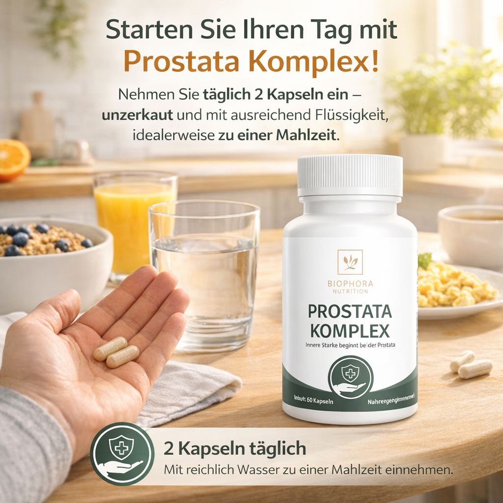 Weiße Flasche mit Kapseln. Aufschrift: Prostata Komplex. Hand mit Kapseln, Frühstück, Glas Wasser, Saft.