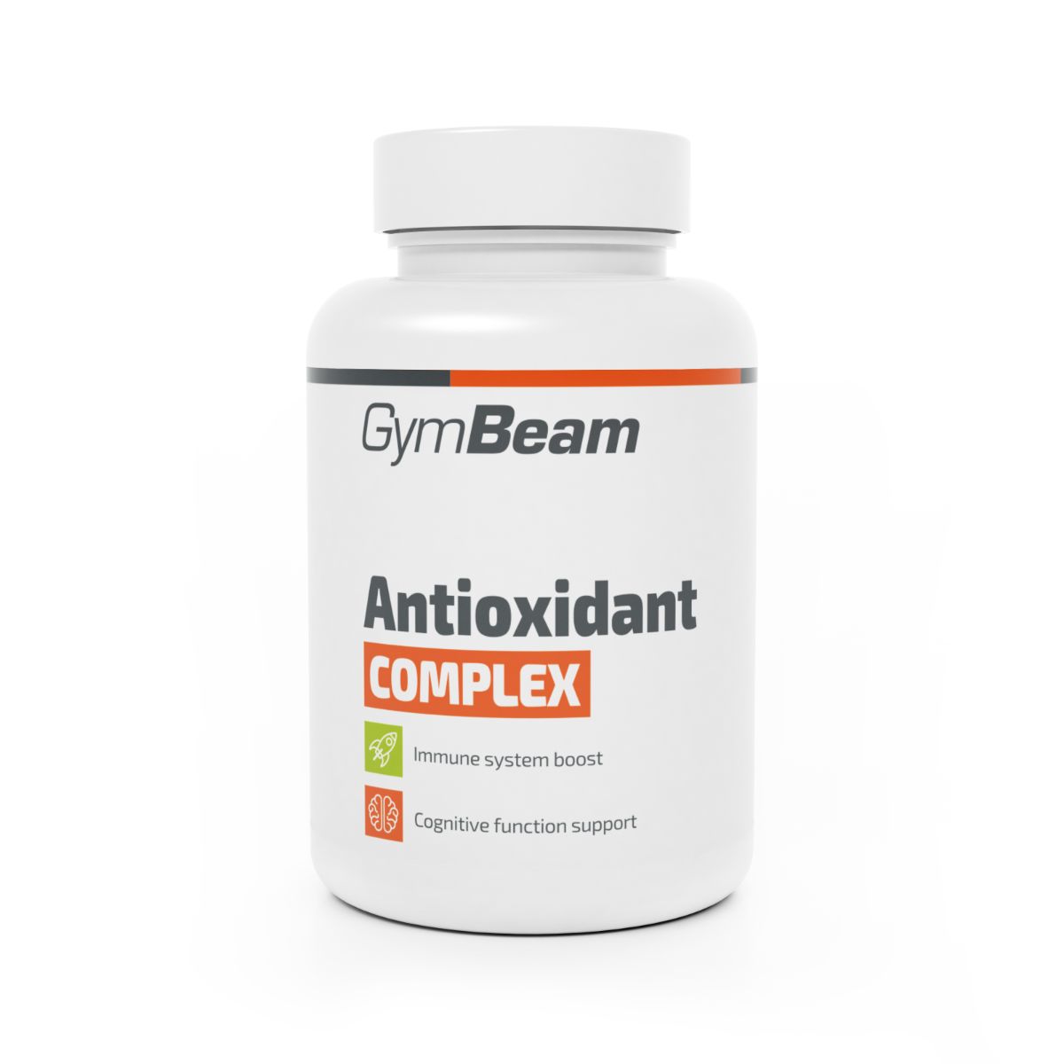 GymBeam Antioxidant Complex vegane Kapseln: weiße Dose mit orange-schwarzem Etikett.