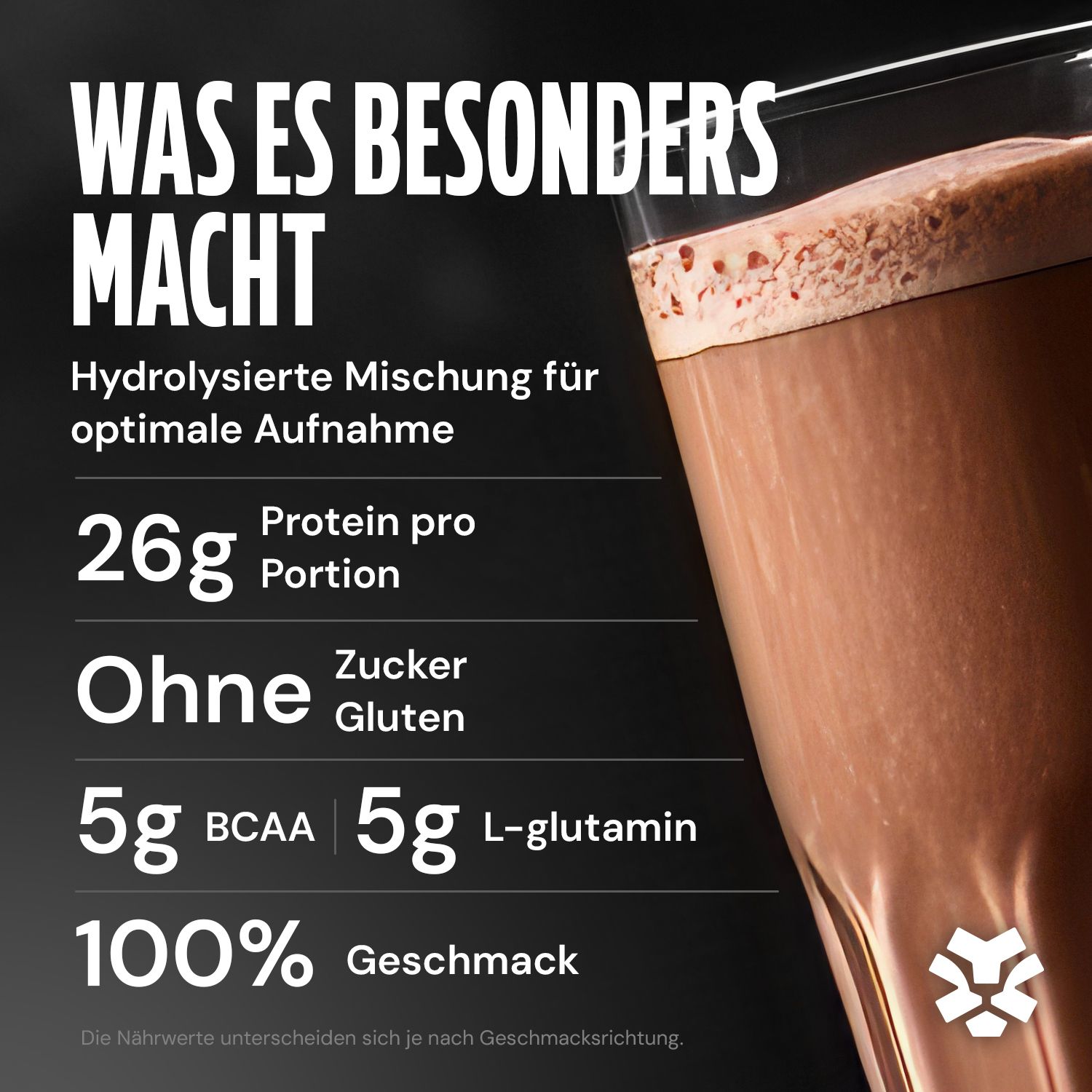 Glas mit Getränk. Text: „WAS ES BESONDERS MACHT“. Angaben: 26g Protein, ohne Zucker/Gluten, 5g BCAA, 5g L-Glutamin.