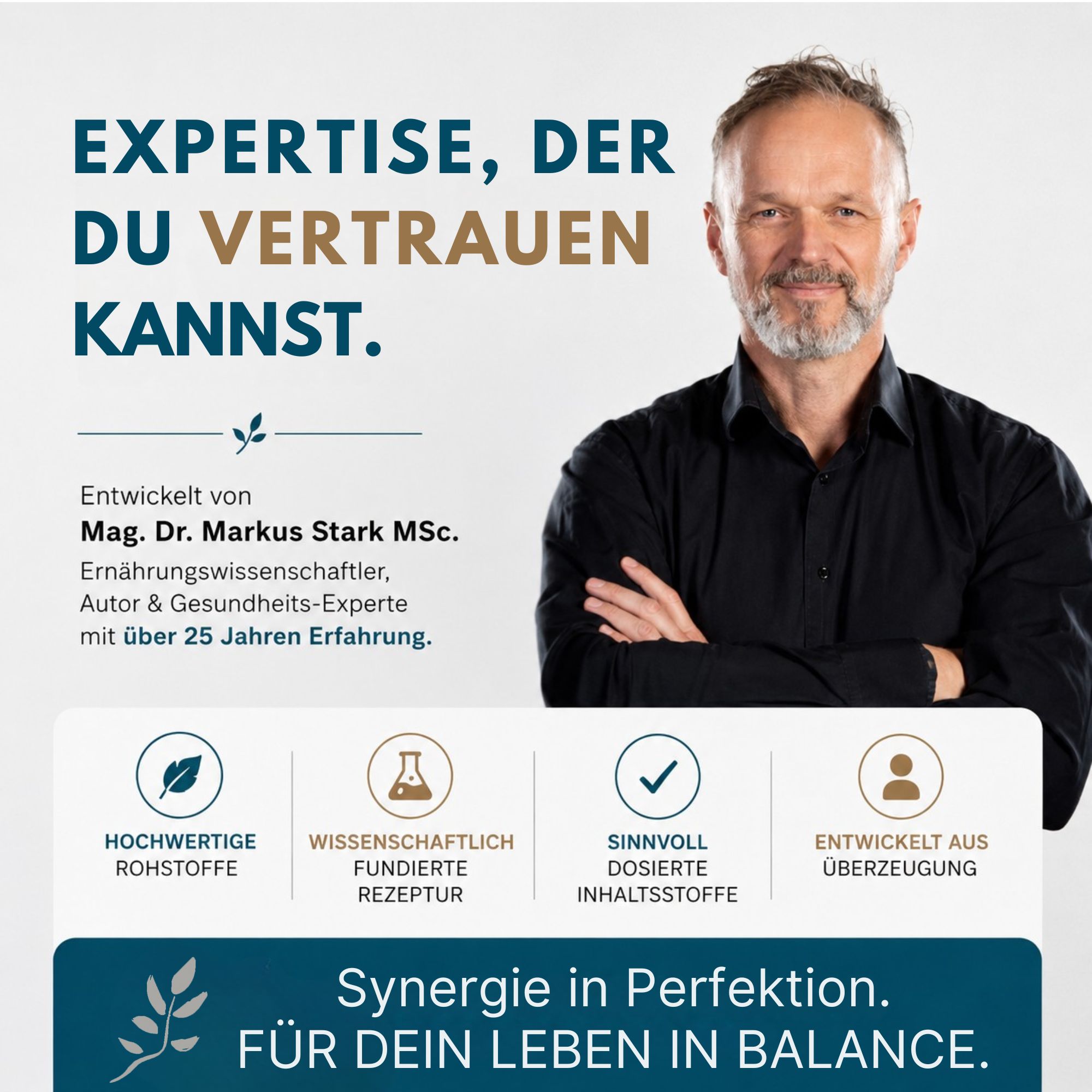Mann mit Bart, Text 'Expertise, der du vertrauen kannst'. Naturesan Vitamin ADEK Komplex Siegel.