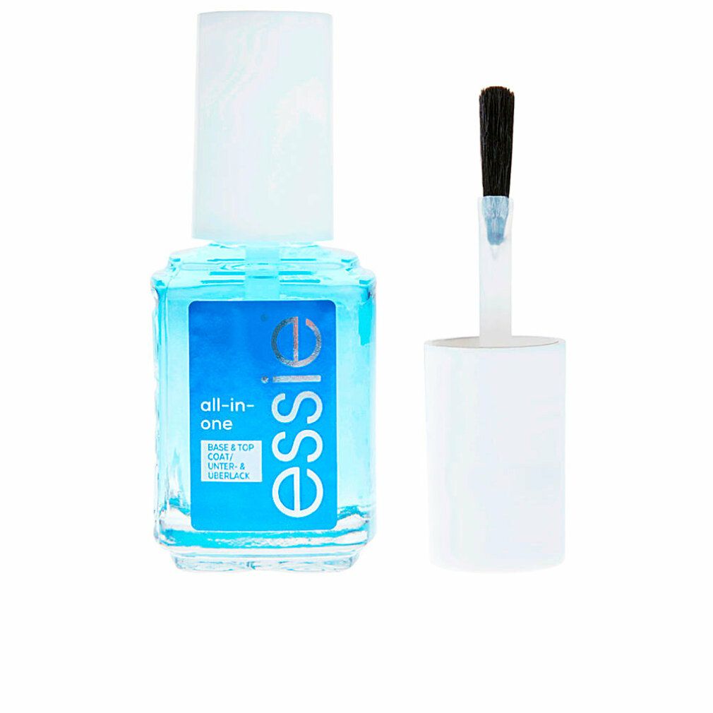 Klare Flasche mit weißem Deckel und Pinsel. Blaues Etikett mit "essie all-in-one" und Logo.