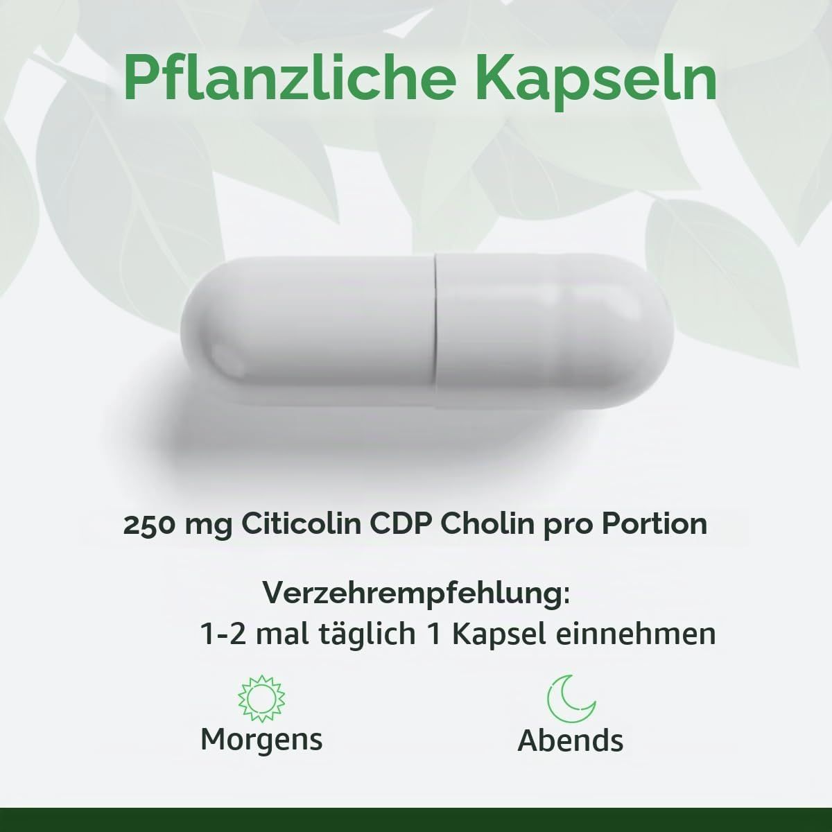 Eine weiße pflanzliche Kapsel mit 250 mg Citicolin CDP Cholin.