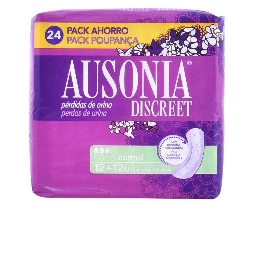 Ausonia Discreet Normal Damenbinden Packung. 24 Stück. Lila Verpackung mit Produktabbildung und Schriftzug.