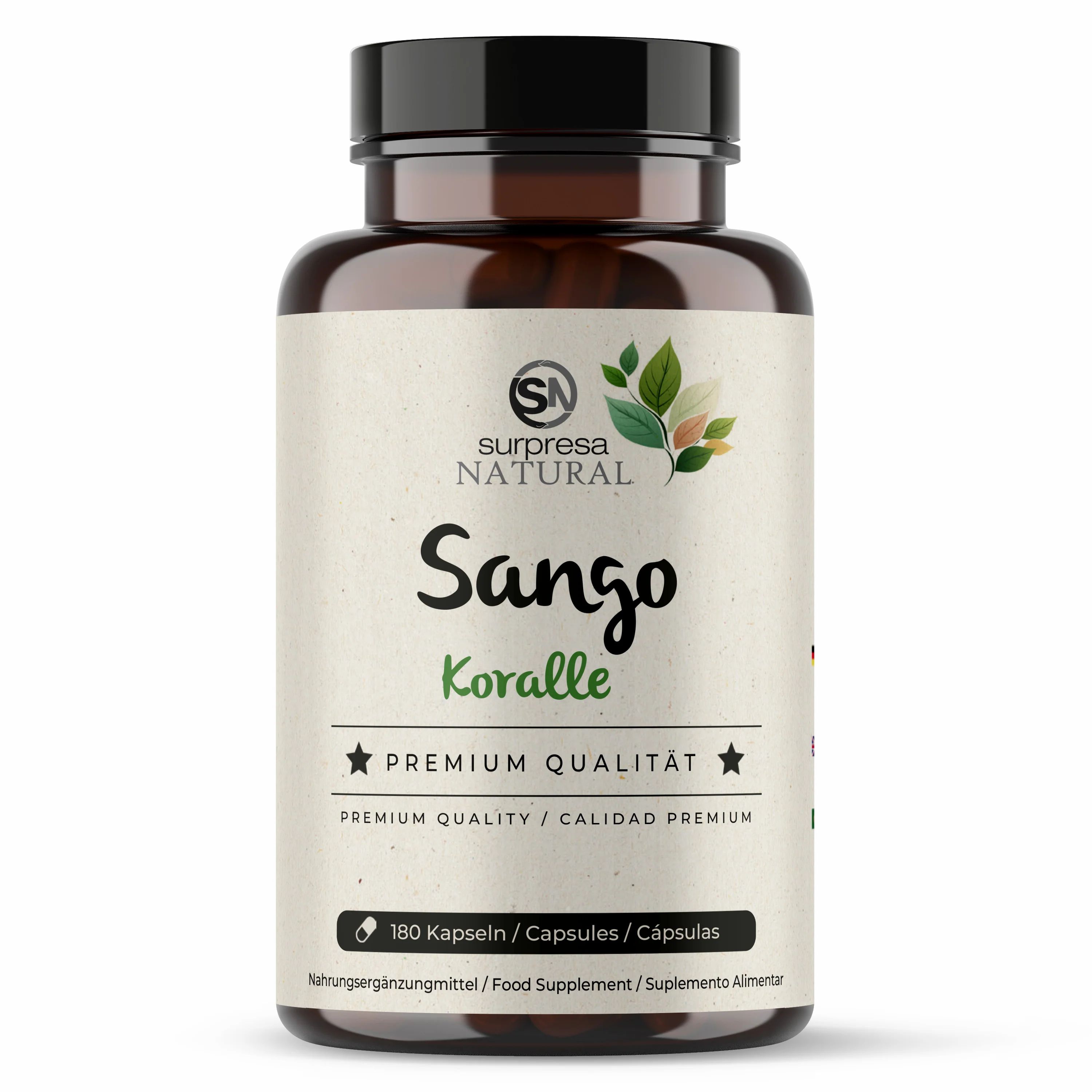 Braune Flasche mit Etikett. Aufschrift: Surpresa Natural Sango Koralle. Enthält 180 Kapseln. Premium Qualität.