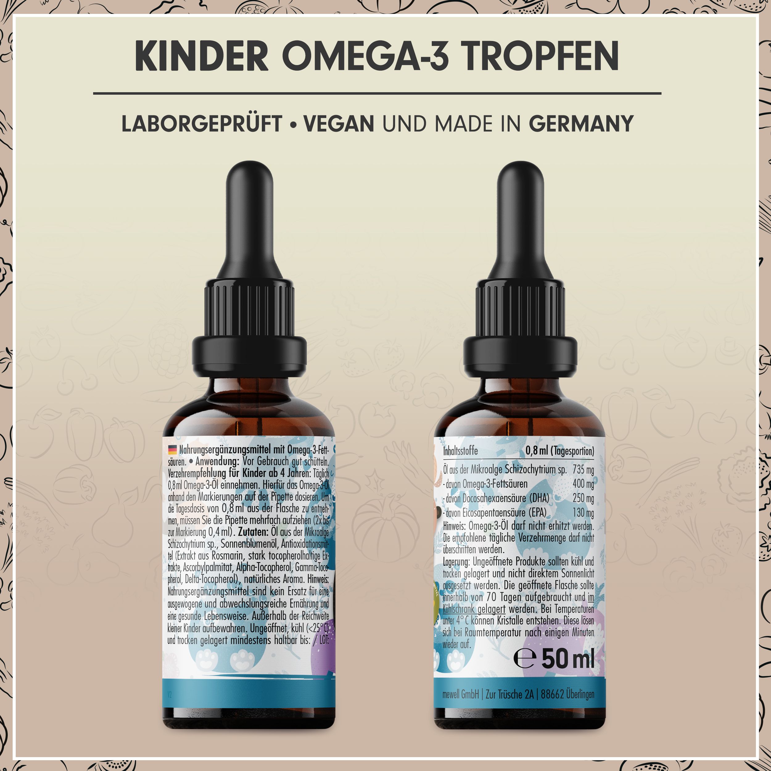 Zwei Flaschen mit Tropfern. Text: Kinder Omega-3 Tropfen, Laborgeprüft, Vegan, Made in Germany. Informationen über Inhaltsstoffe und Dosierung.