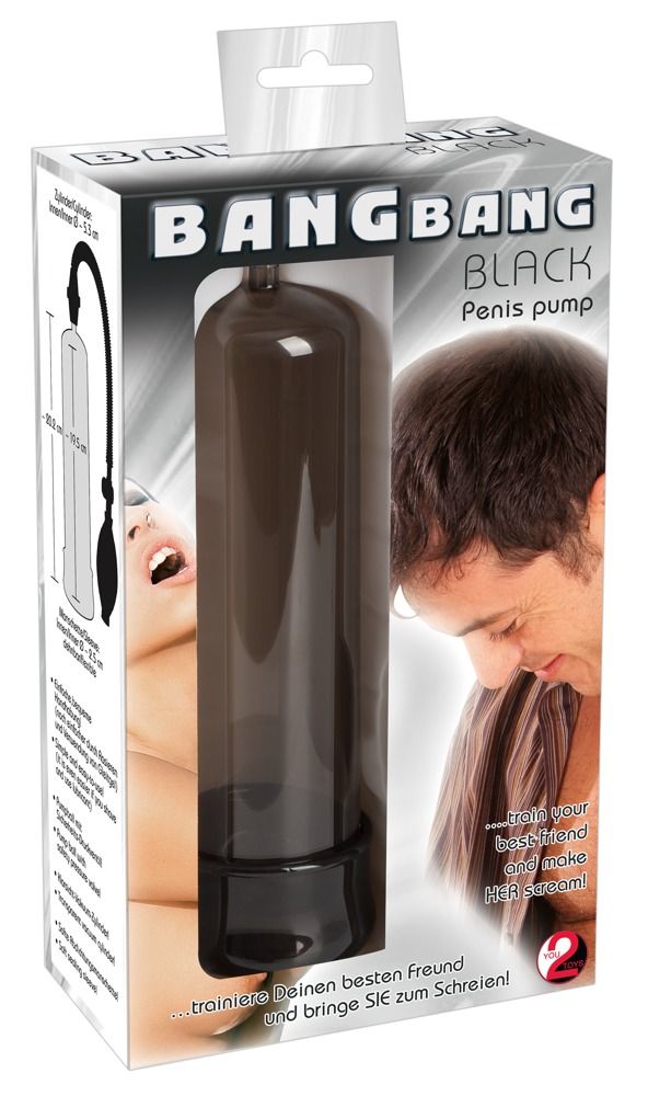 Verpackung von BangBang Black Penis pump. Produktabbildung, Text und Illustrationen. Box mit Produkt und Personen.