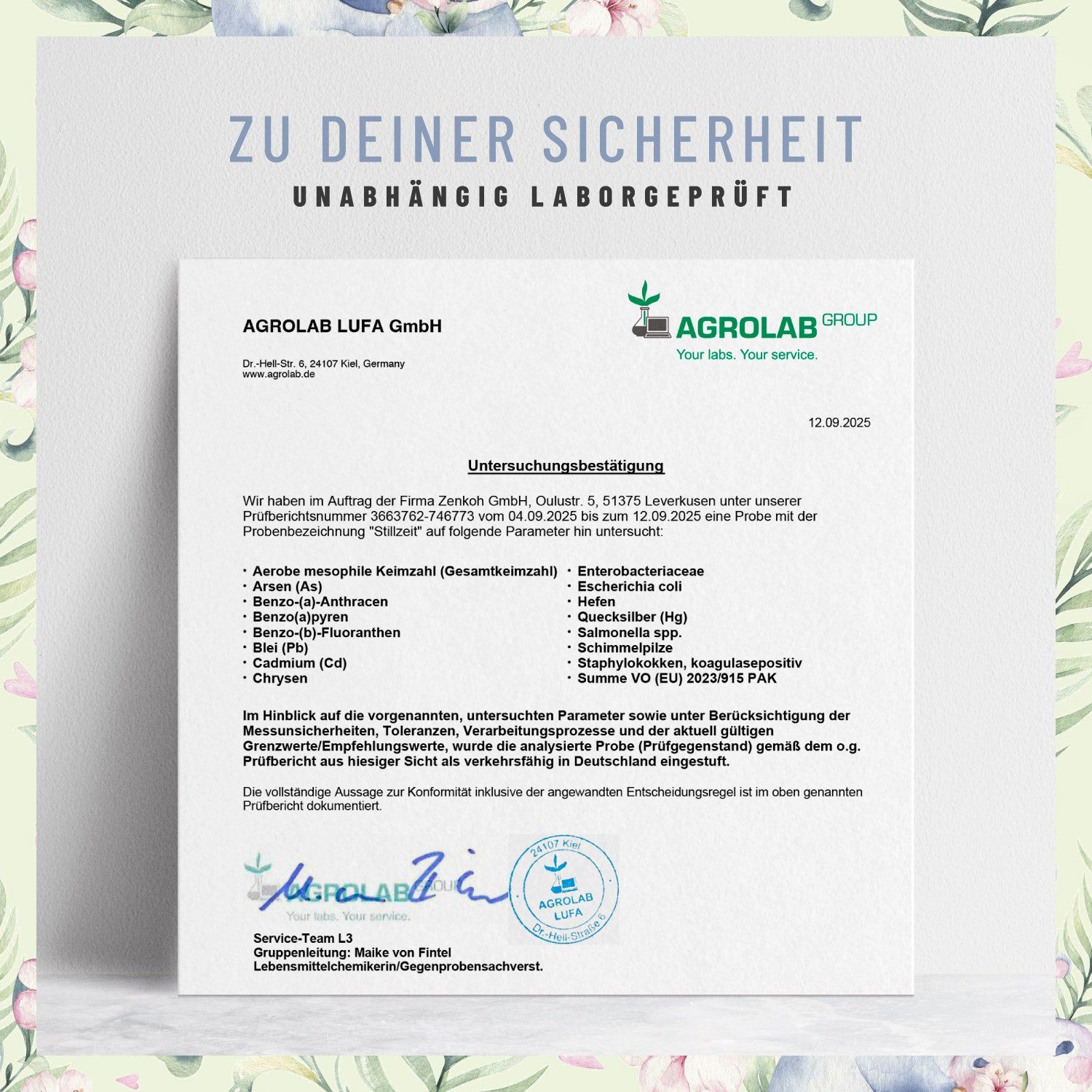 Zertifikat von AGROLAB LUFA GmbH. Unterschriften und Stempel. Auflistung der untersuchten Parameter.
