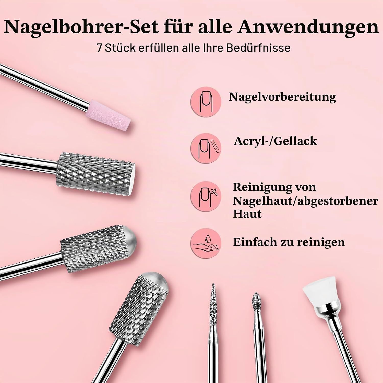 Verschiedene Nagelbohrer-Aufsätze aus Metall und Keramik.