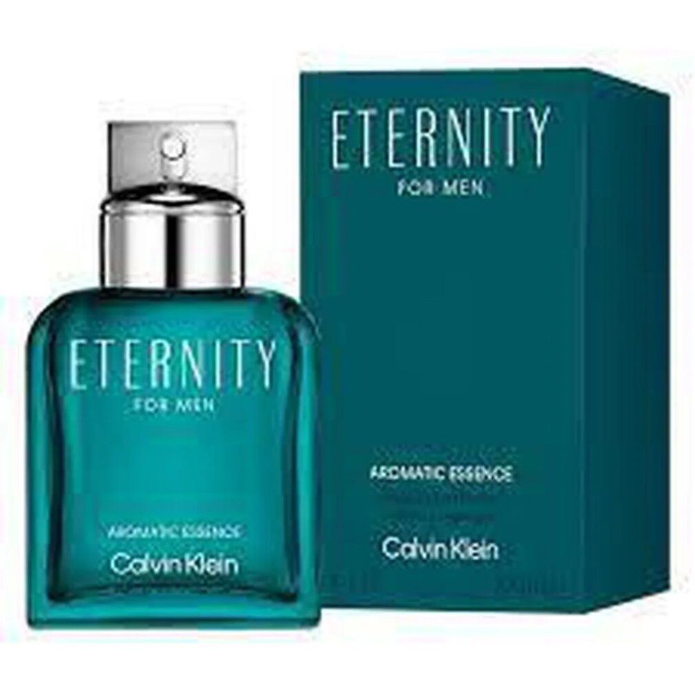 Türkisgrüner Flakon und Schachtel. Aufschrift: Eternity for Men, Aromatic Essence, Calvin Klein. Flakon mit silbernem Verschluss.