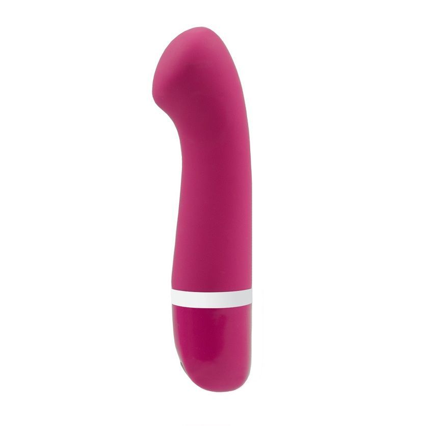 Pinker Silikonvibrator mit weißem Ring und silbernem Bedienelement.