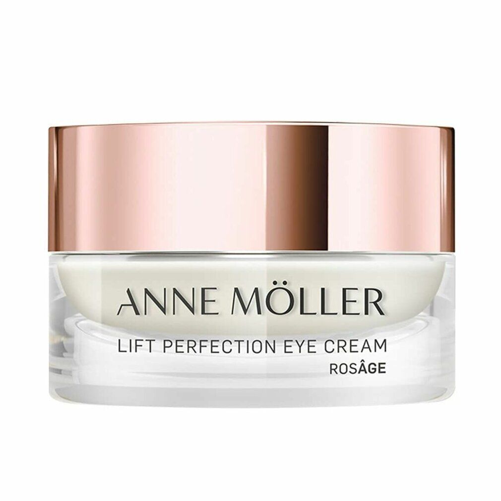 Cremebehälter mit roségoldfarbenem Deckel. Aufschrift: ANNE MÖLLER, LIFT PERFECTION EYE CREAM, ROSÂGE.
