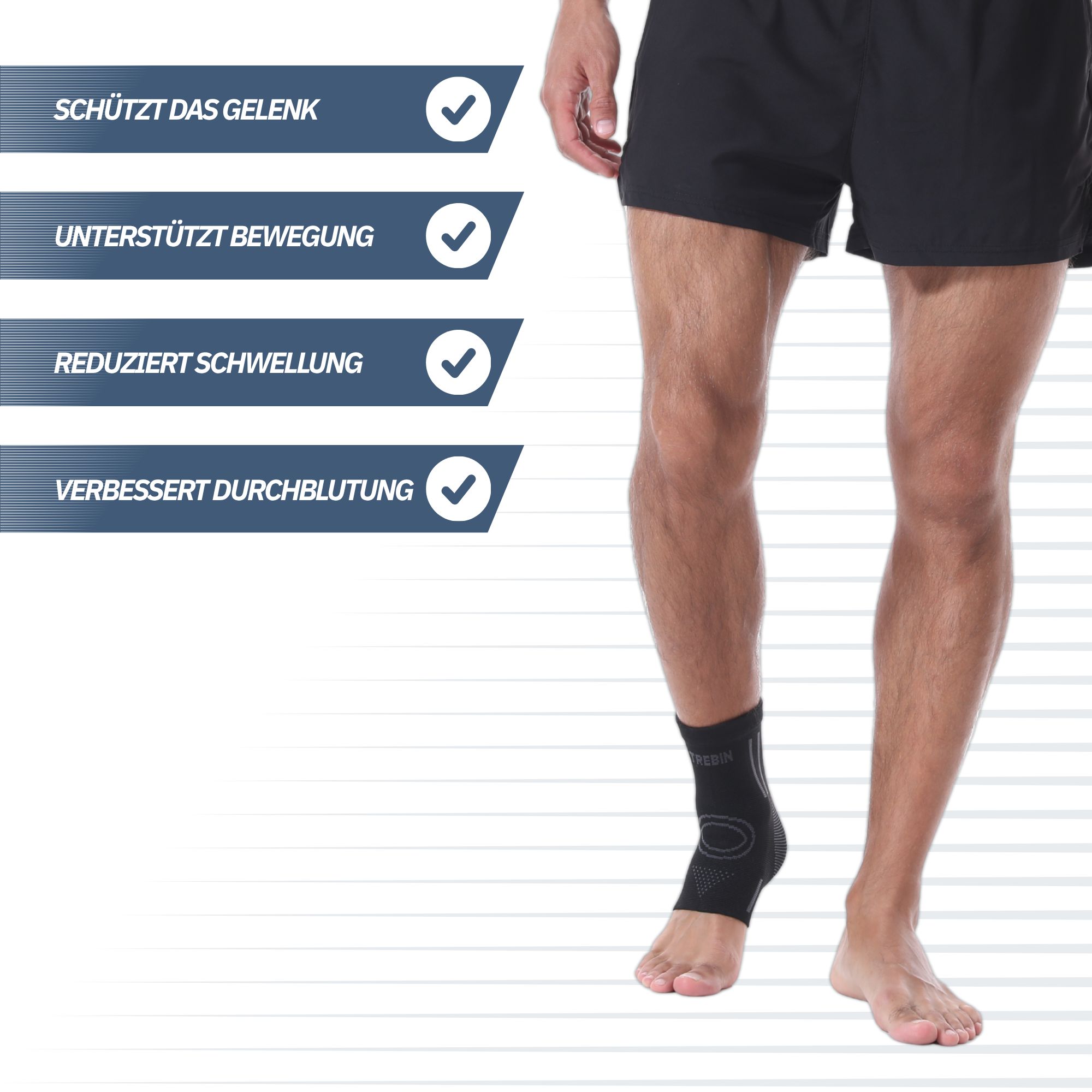 Schwarze Knöchelbandage mit Fiber-Stützpads, starken Nähten und atmungsaktivem Material.