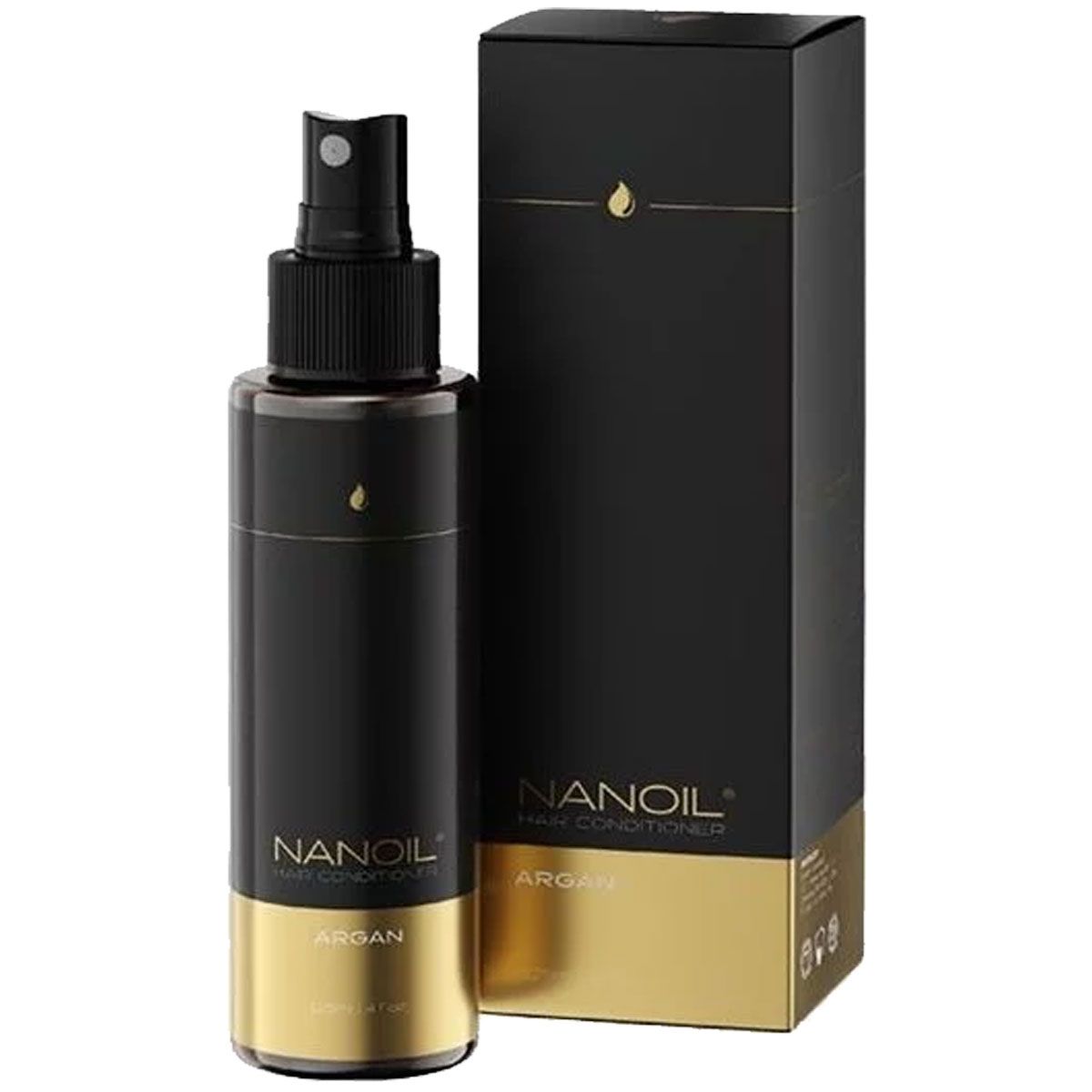 Nanoil Argan Haarconditioner in schwarzer Sprühflasche mit goldener Banderole und Schachtel.