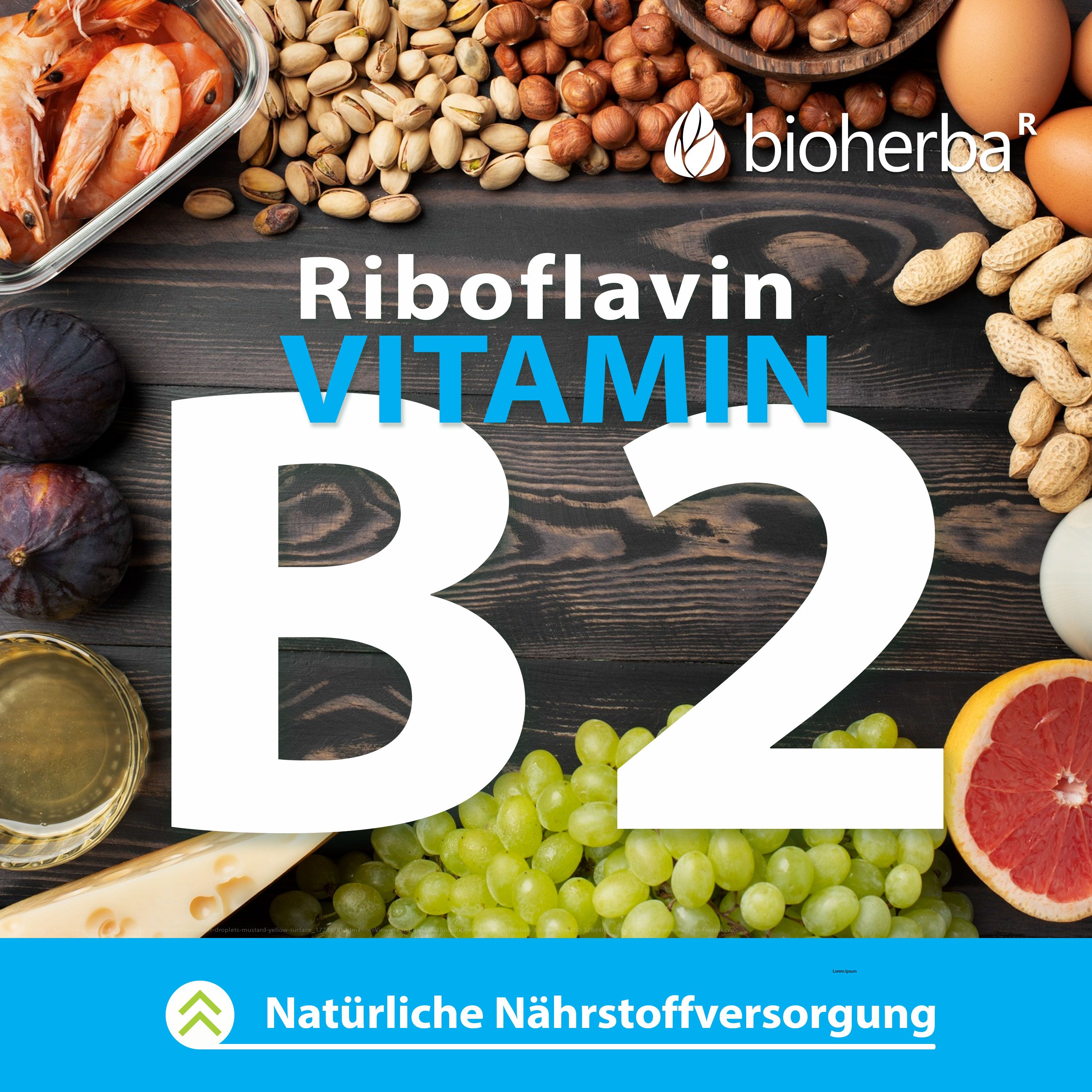 Verschiedene Lebensmittel, darunter Obst, Nüsse und Eier. Großer Text: Riboflavin Vitamin B2. Natürliche Nährstoffversorgung.