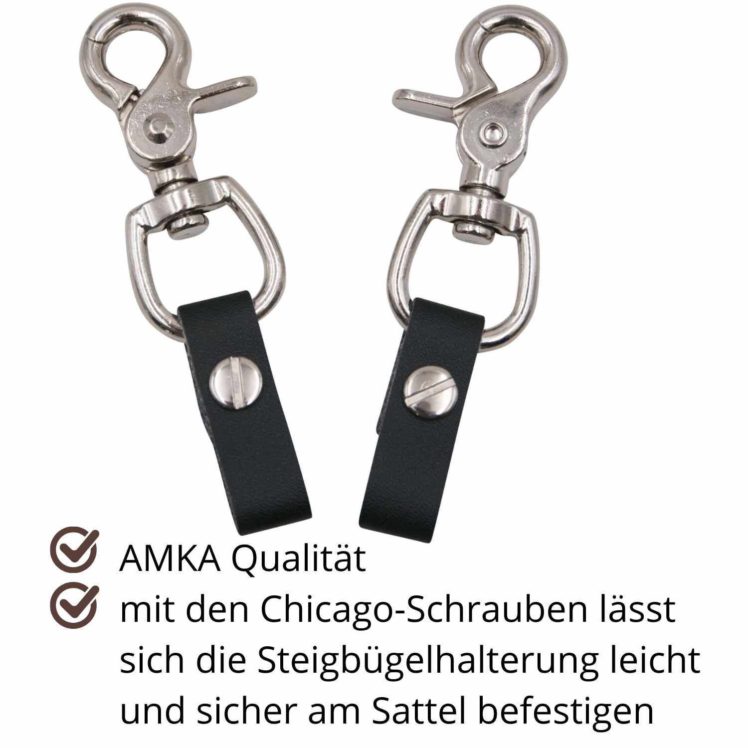 Zwei Steigbügelhalter mit schwarzen Lederriemen und Karabinerhaken. Text: 'AMKA Qualität', 'mit Chicago-Schrauben'.