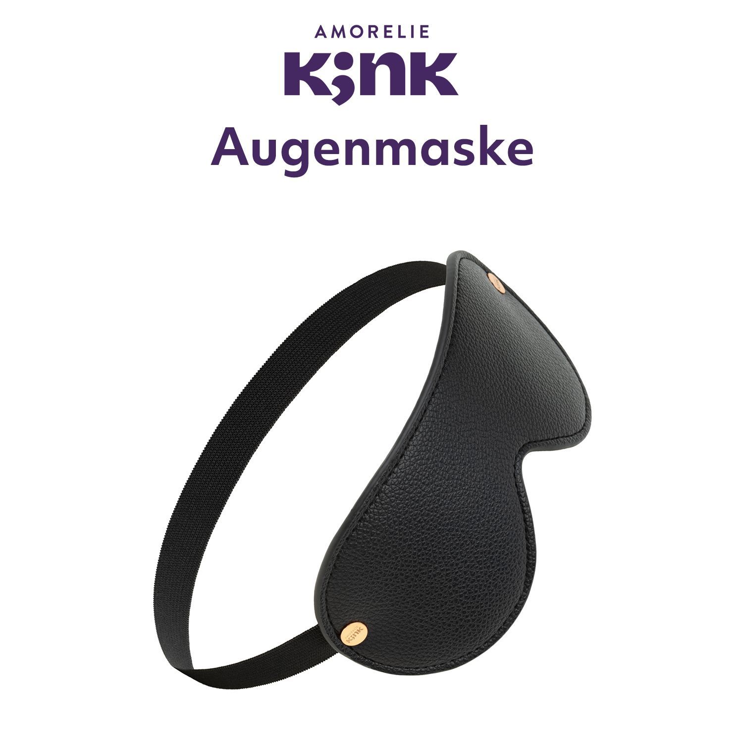 Schwarze Augenmaske mit Gummiband. Zwei goldfarbene Nieten. Produktname: "Augenmaske".