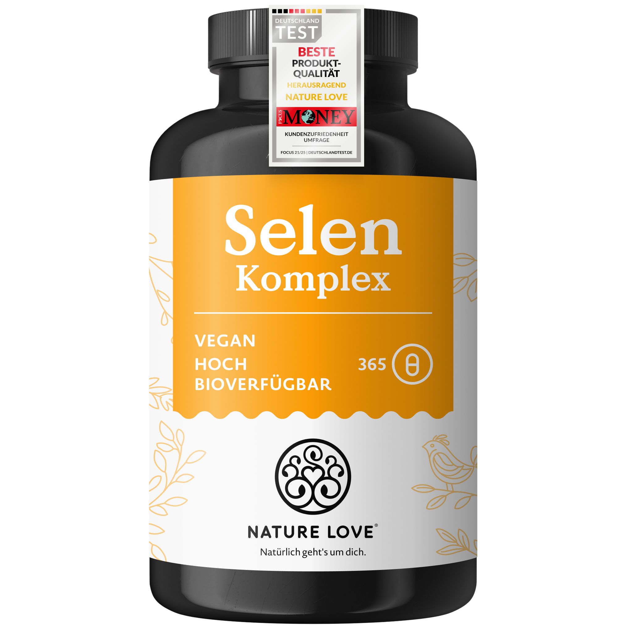 Flasche Selen Komplex, Text: NATURE LOVE. Vegan, Hoch bioverfügbar.
