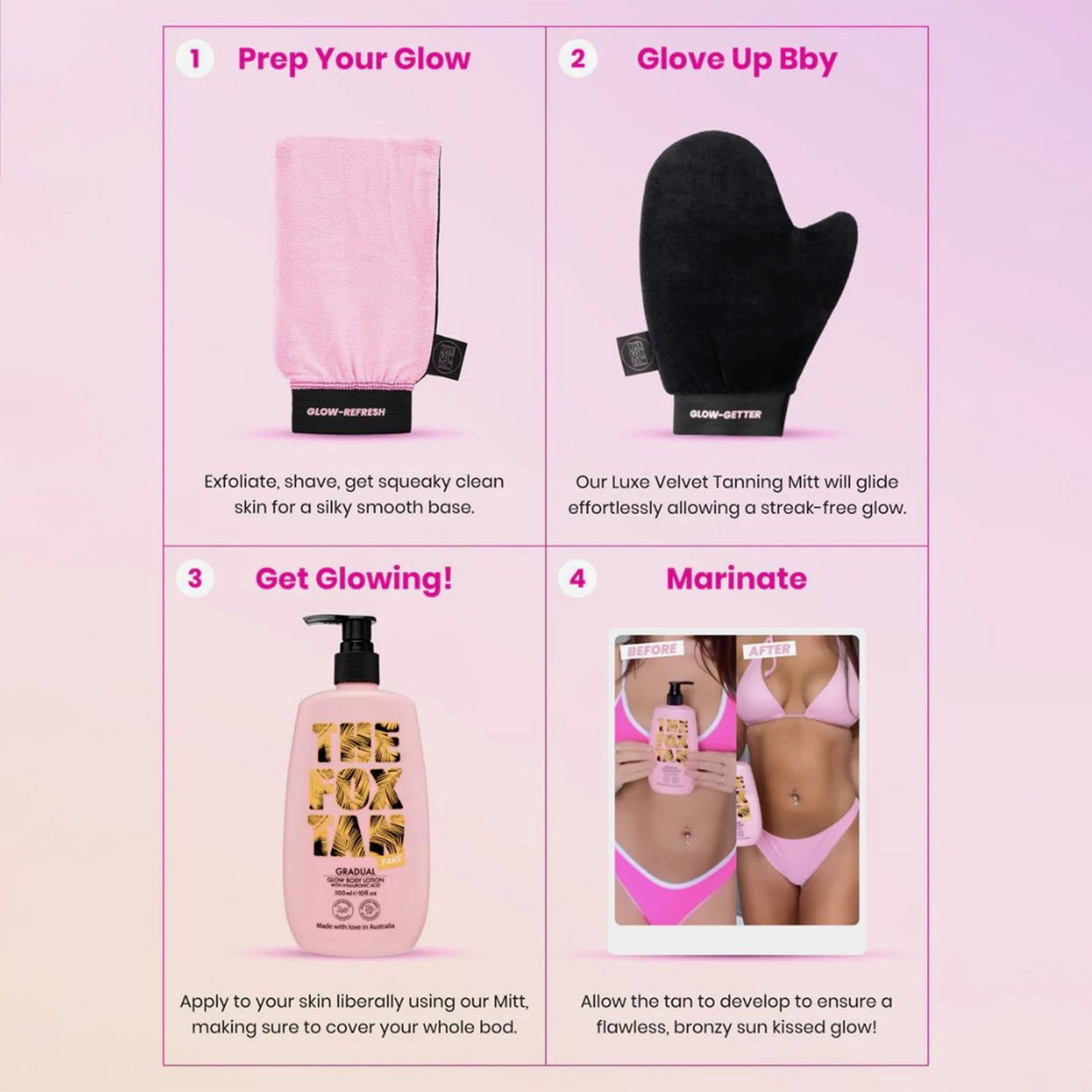 Anleitung mit vier Schritten. Rosa Handschuh, schwarzer Handschuh, Flasche, Smartphone mit Bild. Text: THE FOX TAN.