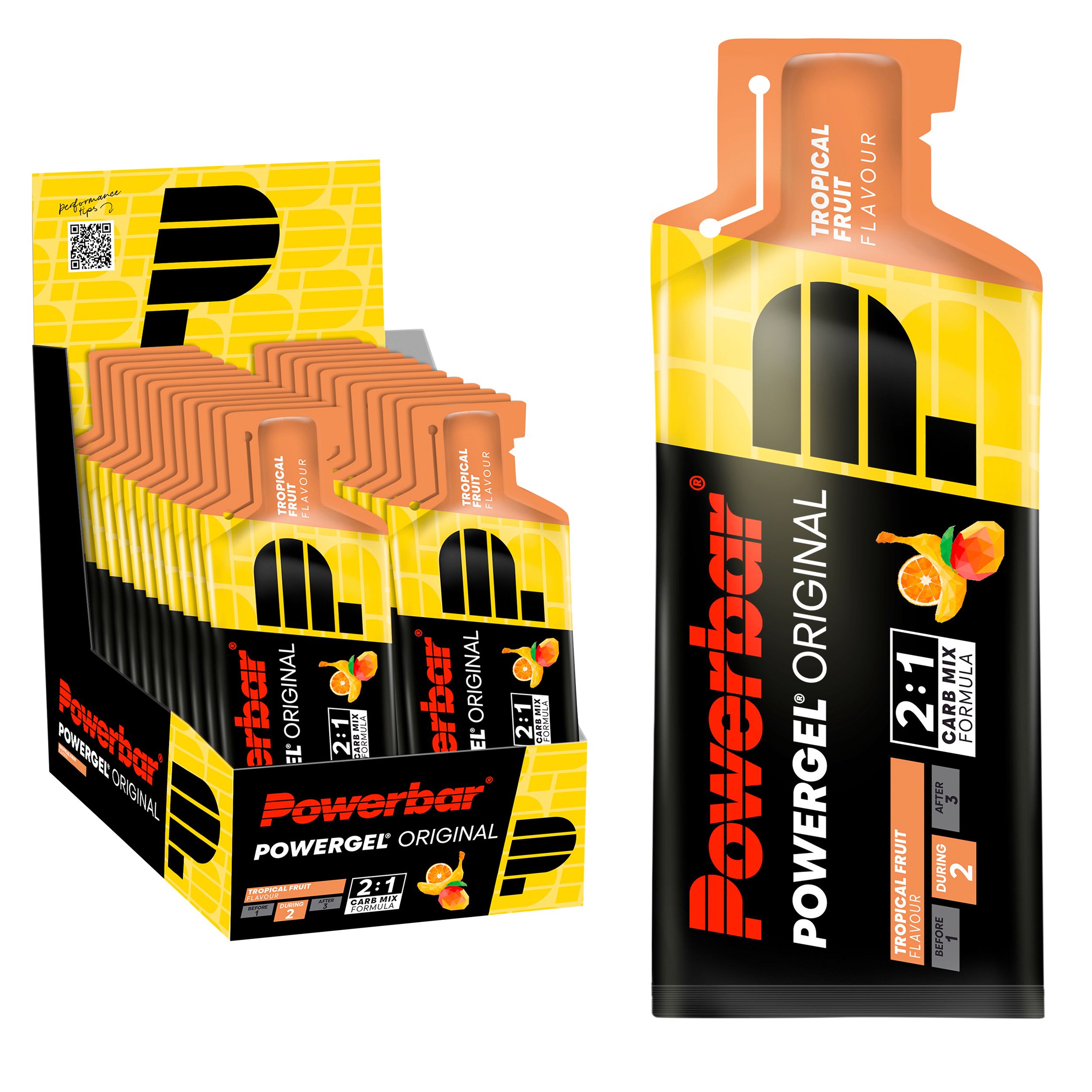 Powerbar Powergel Original, Tropical Fruit Geschmack. Einzelpackung und Display-Box. Gelpackungen.