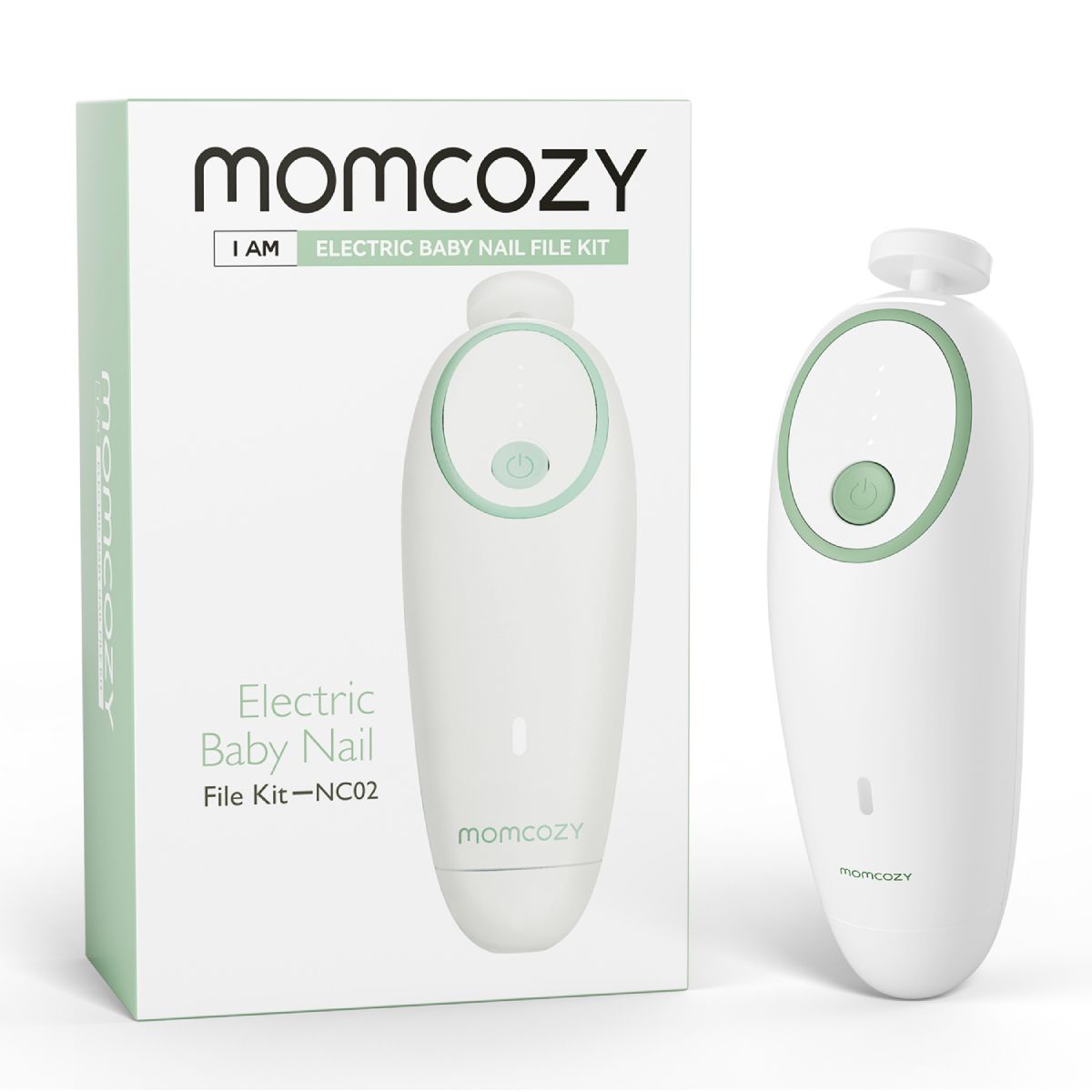 Elektrische Nagelfeile Momcozy und Verpackung. Weiße Feile mit grünem Knopf. Verpackung mit Logo und Produktname.