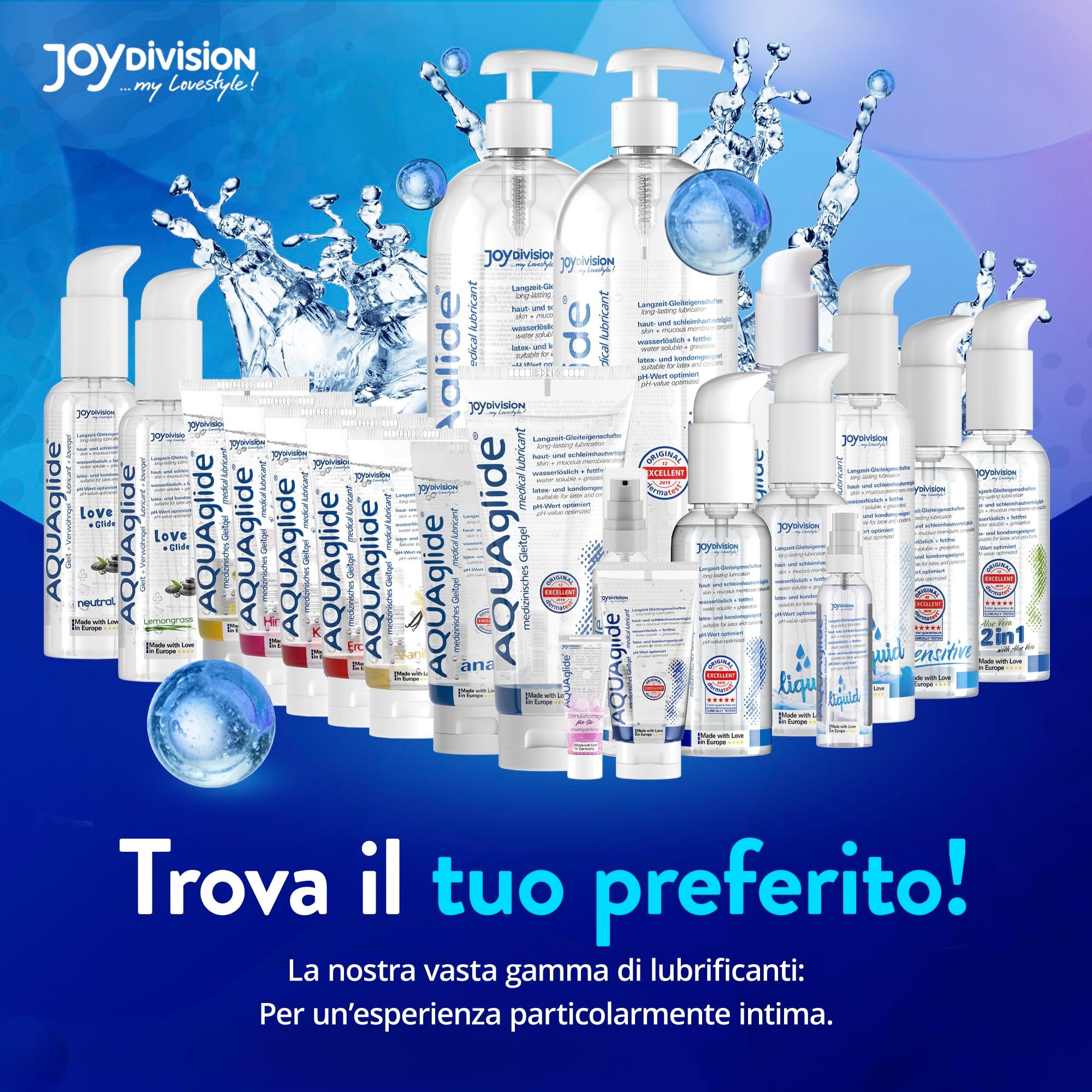 Aqua glide Gleitgel Tube mit dermatest Siegel und "Made with Love in Europe".