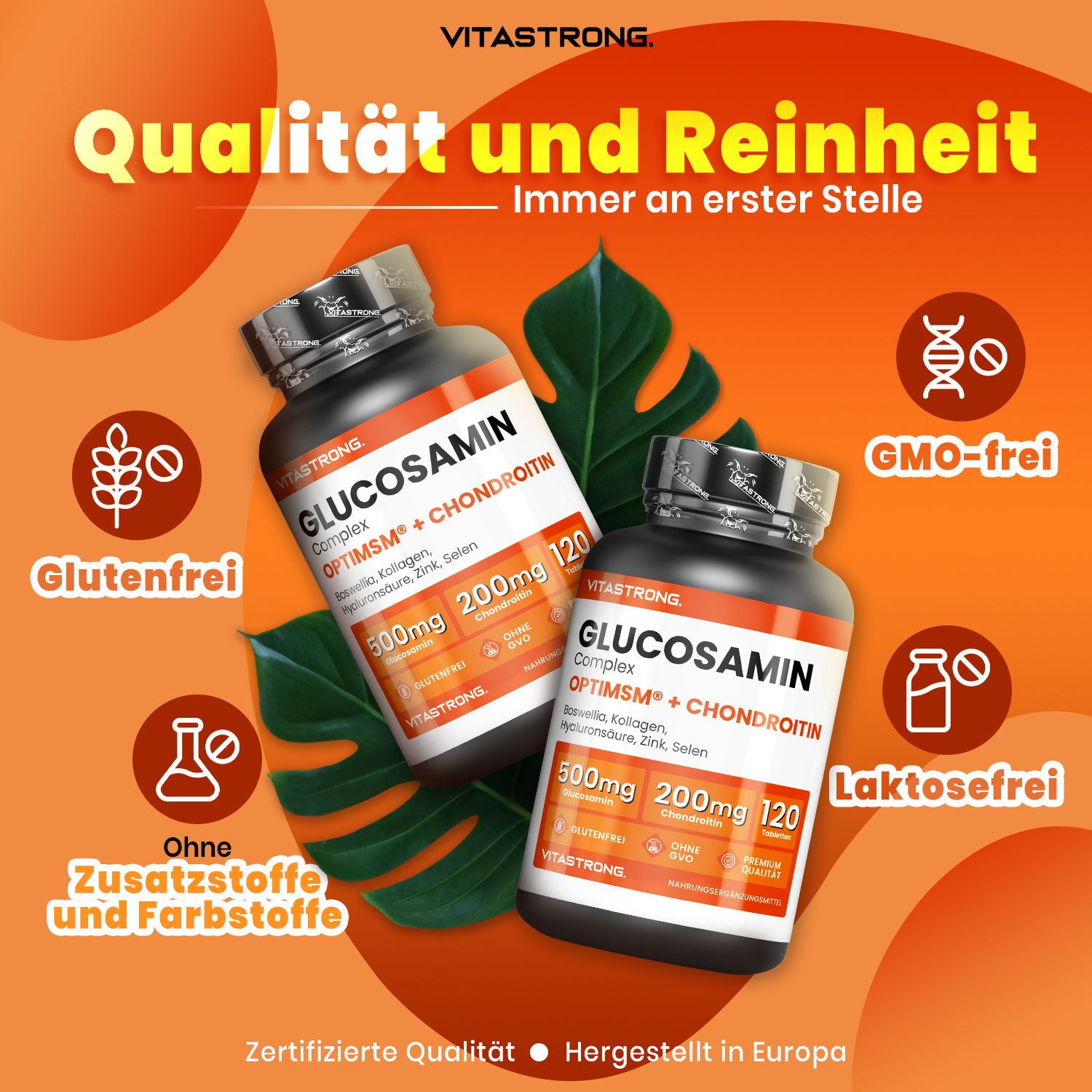 Zwei Flaschen Vitastrong Glucosamin + Chondroitin. Aufschrift: 120 Tabletten. Orangefarbener Hintergrund. Glutenfrei, GMO-frei, laktosefrei.