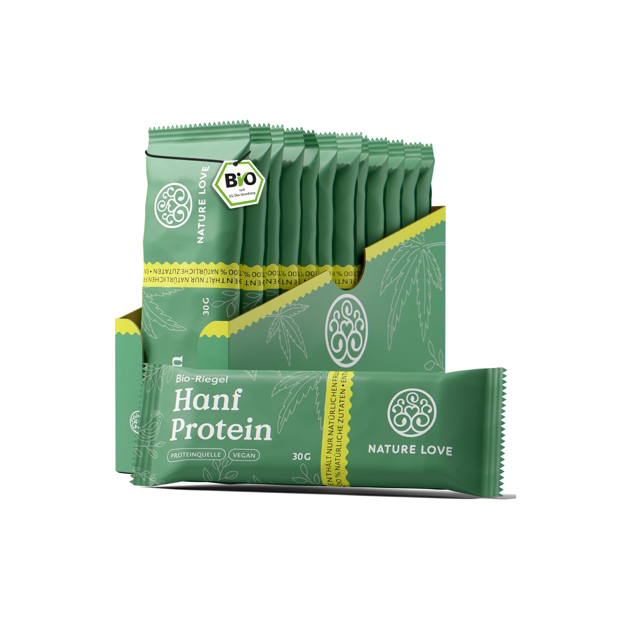 Grüne Riegelpackungen in einer Displaybox. Aufdruck: Bio-Riegel Hanf Protein, NATURE LOVE, 30g, Bio-Siegel. Einzelner Riegel vorne.
