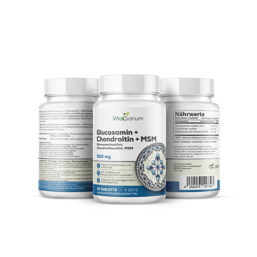 Drei weiße Flaschen mit Etiketten. Aufschrift: VitaSanum, Glucosamin + Chondroitin + MSM. 500 mg. 90 Tabletten. Vegan-Siegel.