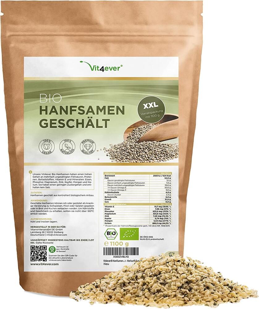 Verpackung von Bio Hanfsamen geschält. Braune Tüte, Produktname, Logo, Nährwertangaben, 1100g Inhalt, Bio-Siegel, Produkt daneben.