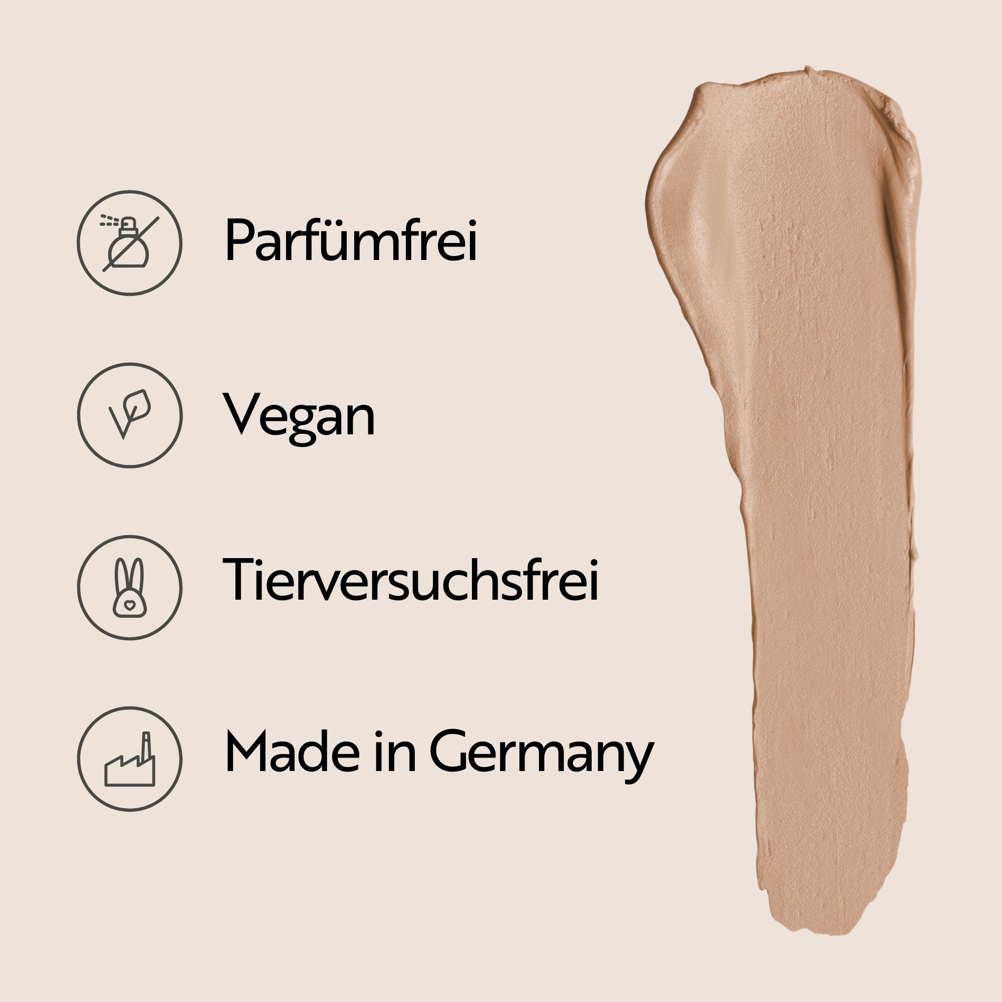 Produktmerkmale: parfümfrei, vegan, tierversuchsfrei, hergestellt in Deutschland. Symbole für die jeweiligen Eigenschaften.