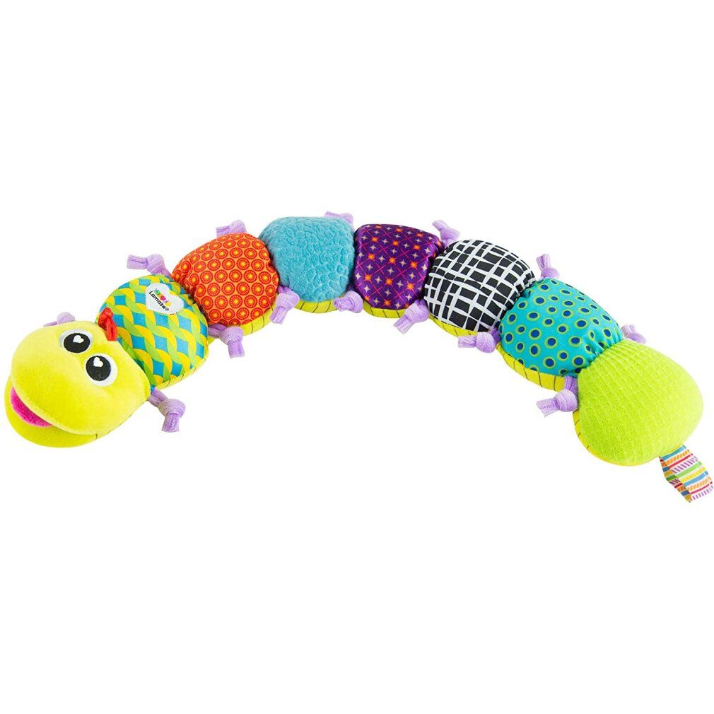 LAMAZE Wurm mit Musik. Bunter Stoffwurm mit verschiedenen farbigen Segmenten. Gelber Kopf mit Augen und Mund. Lila Fühler.