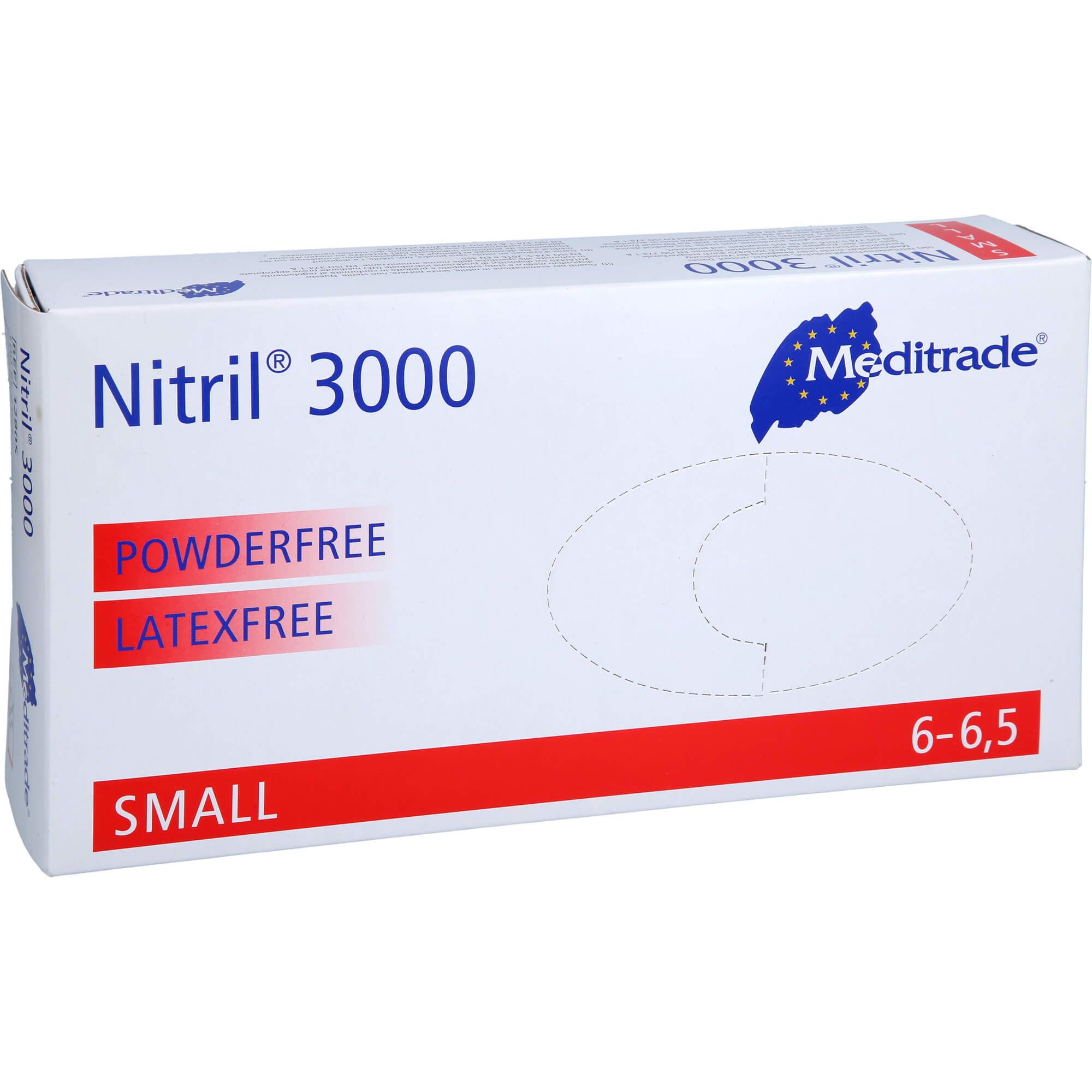 Weiße Schachtel mit blauer Aufschrift Nitril 3000, Meditrade Logo. Text: Powderfree, Latexfree, Small, 6-6,5.