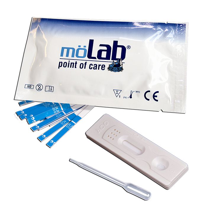 Packung mit Teststreifen, Testkassette und Pipette. Auf der Packung steht "möLab point of care" und das CE-Zeichen.