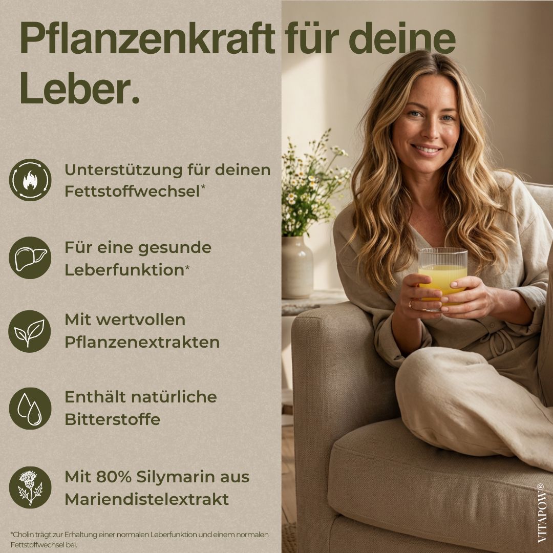 Frau sitzt mit Getränk. Text: Unterstützung Fettstoffwechsel, gesunde Leberfunktion, Pflanzenextrakte, Bitterstoffe.