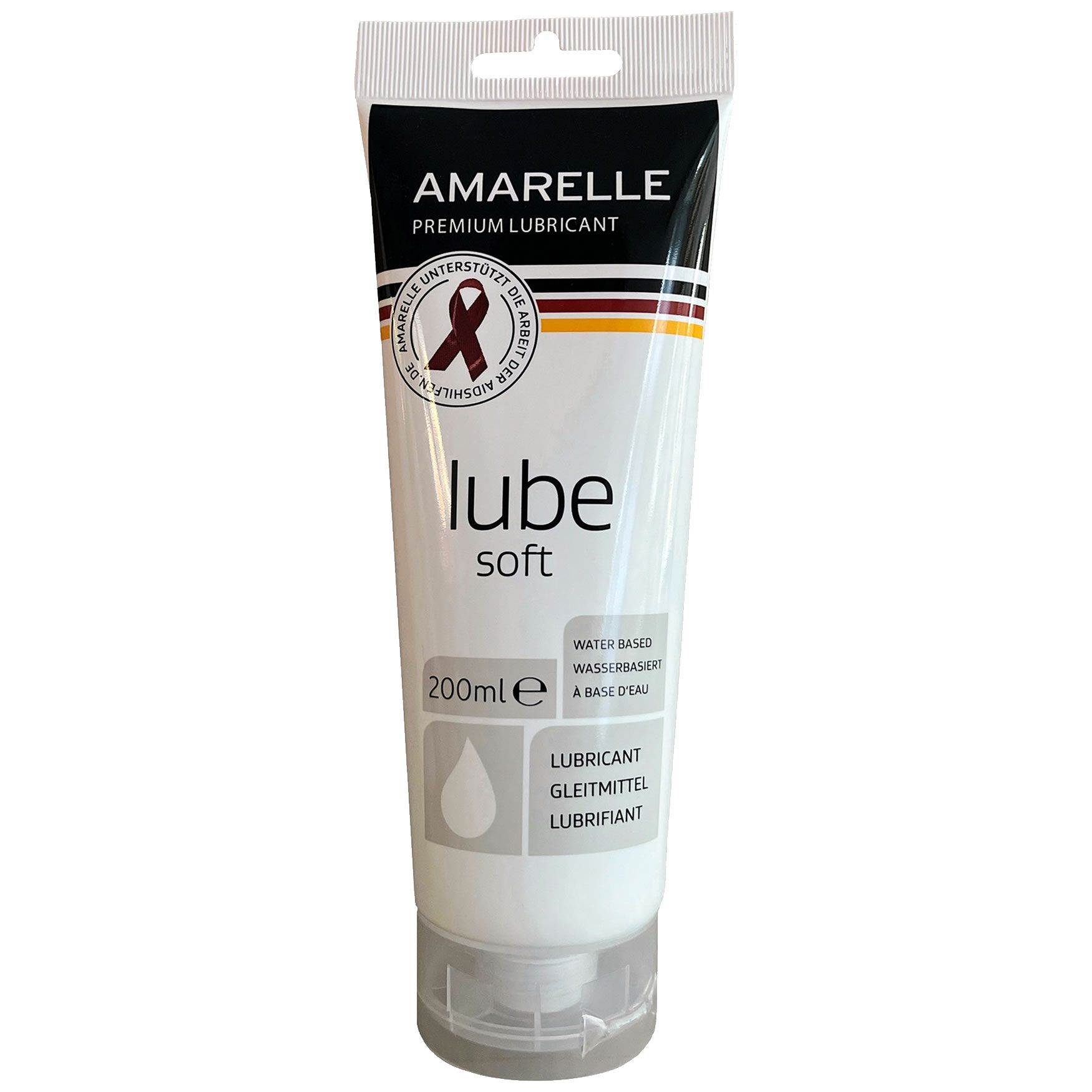 Weißer Tubenbehälter mit schwarzem Deckel. Aufschrift: Amarelle, Lube soft. 200ml. Wasserbasiert.