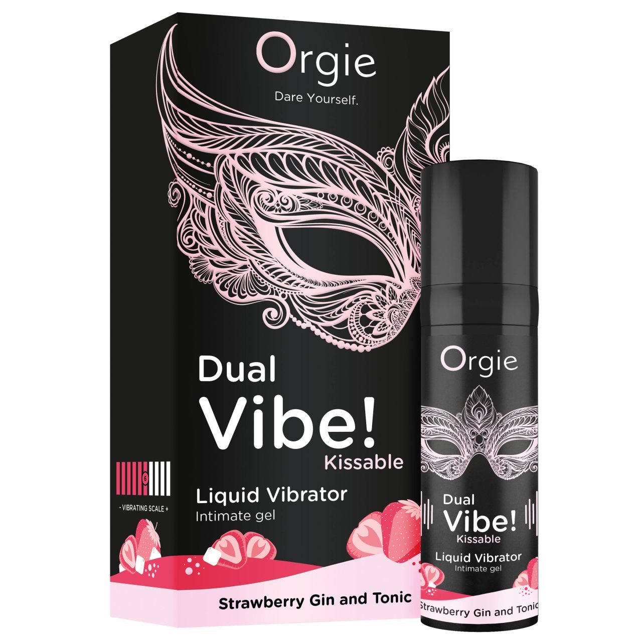 Orgie Dual Vibe! Kissable Liquid Vibrator Intimate Gel in Strawberry Gin and Tonic. Flasche und Verpackung mit Maskenmotiv.