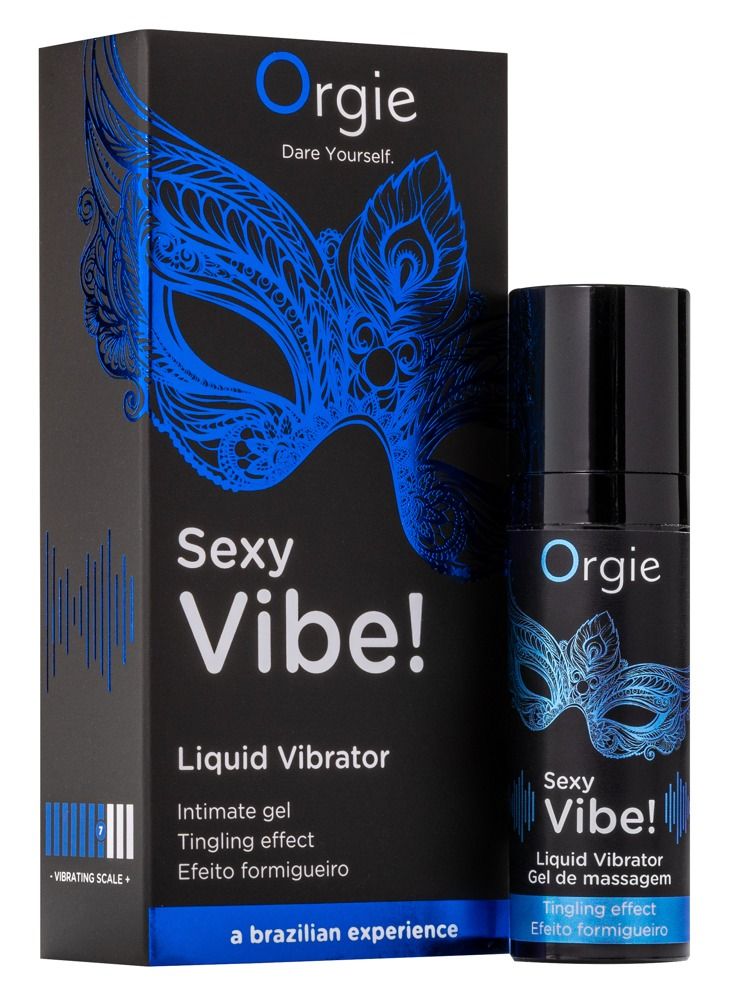 Produktverpackung und Flasche. Verpackung: Schwarz mit blauem Maskenmotiv. Flasche: Schwarz mit blauem Maskenmotiv. Text: Sexy Vibe!, Liquid Vibrator.