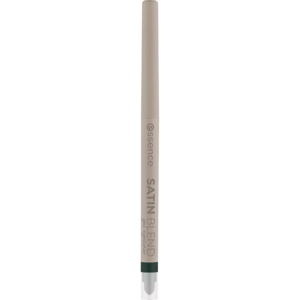 Essence Satin Blend Gel Eyeliner. Stift in Grün-Beige. Schwarze Spitze. Marke und Produktname auf dem Stift.