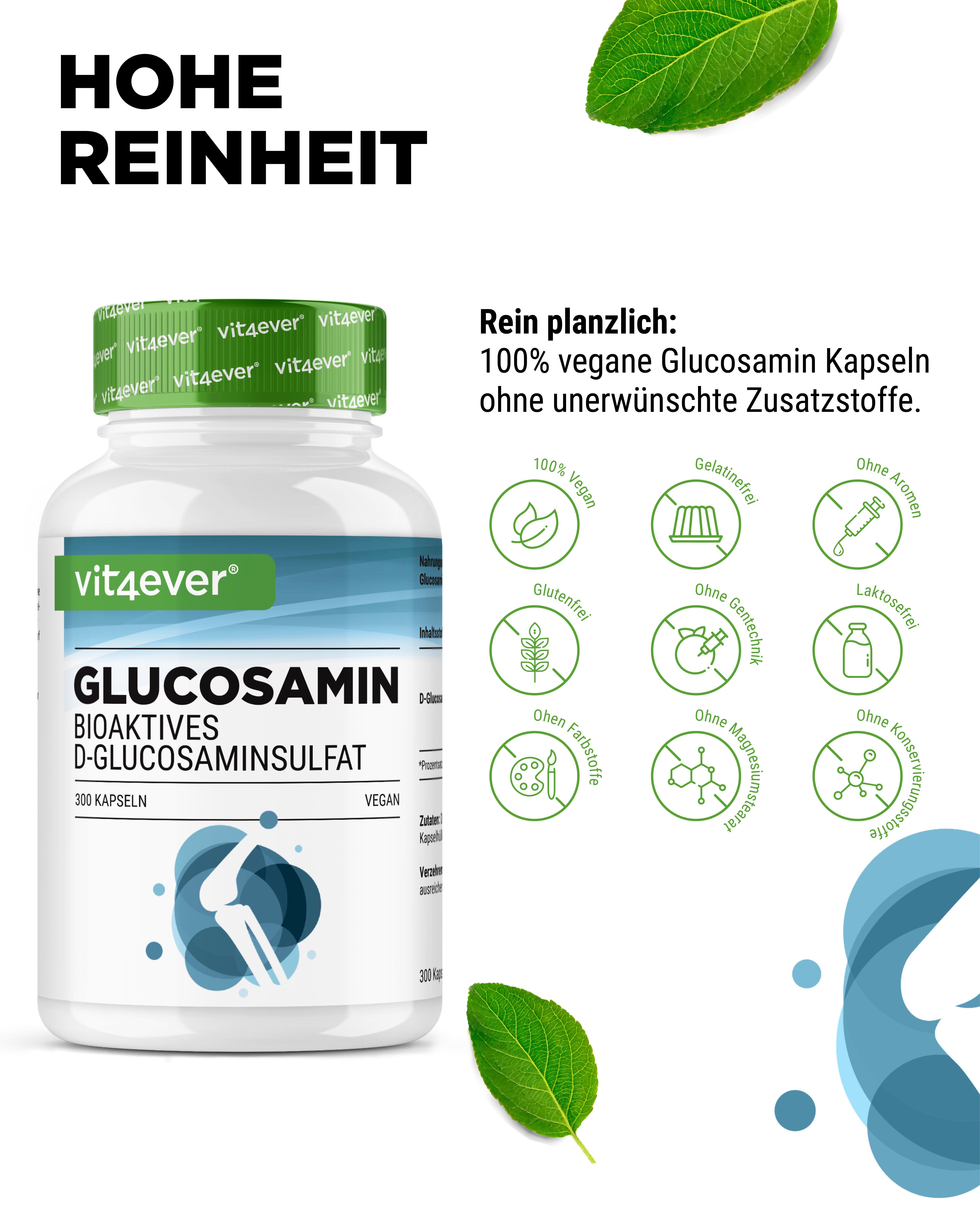Flasche mit Aufschrift: vit4ever, Glucosamin, 300 Kapseln, vegan. Text: Hohe Reinheit. Icons: vegan, glutenfrei, ohne Aromen, etc.