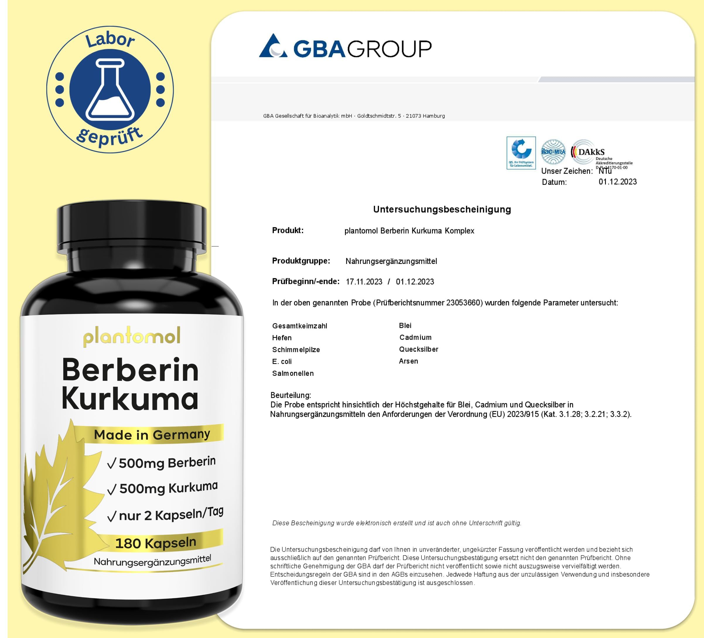 Laborgeprüftes Zertifikat. Produkt: plantomol Berberin Kurkuma Komplex. Analysebericht mit Inhaltsstoffen und Testergebnissen.