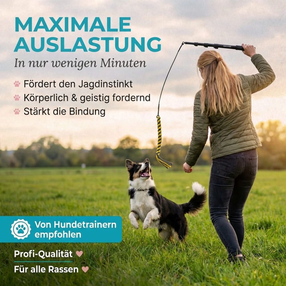 Frau spielt mit Hund auf Wiese. Hund springt nach Spielzeug. Text: Maximale Auslastung, fördert Jagdinstinkt, körperlich & geistig fordernd.