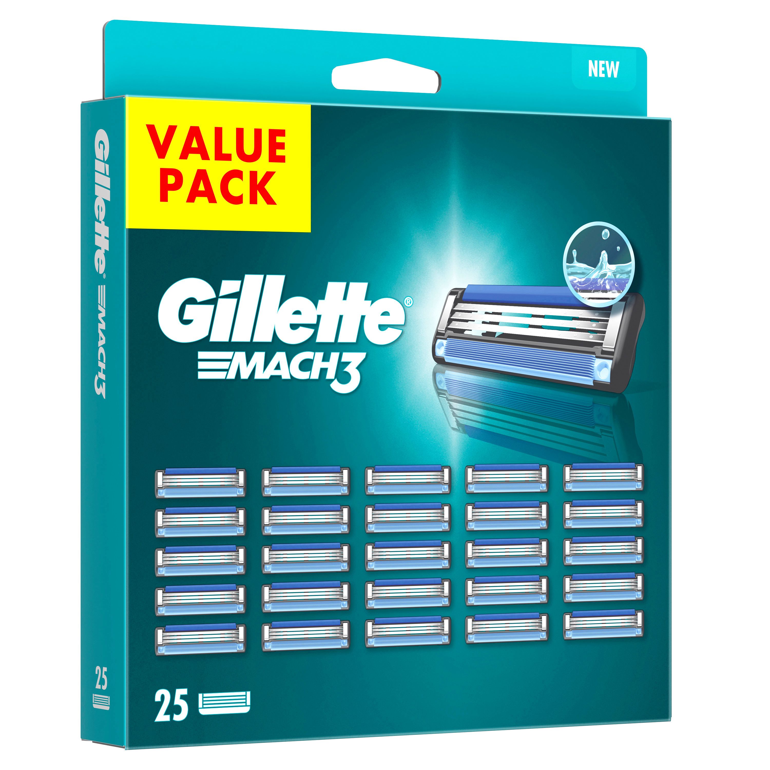 Gillette Mach3 Rasierklingen, 25 Stück Packung. Grüne Verpackung mit "Value Pack" und "New" Aufschrift.